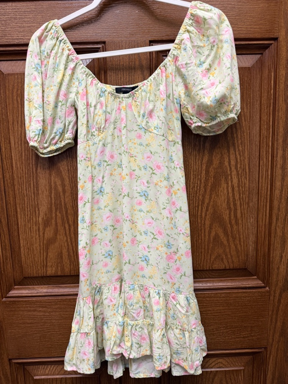 Forever 21 Floral Puff-Sleeve Dress - Pale Yellow, Pink, Blue